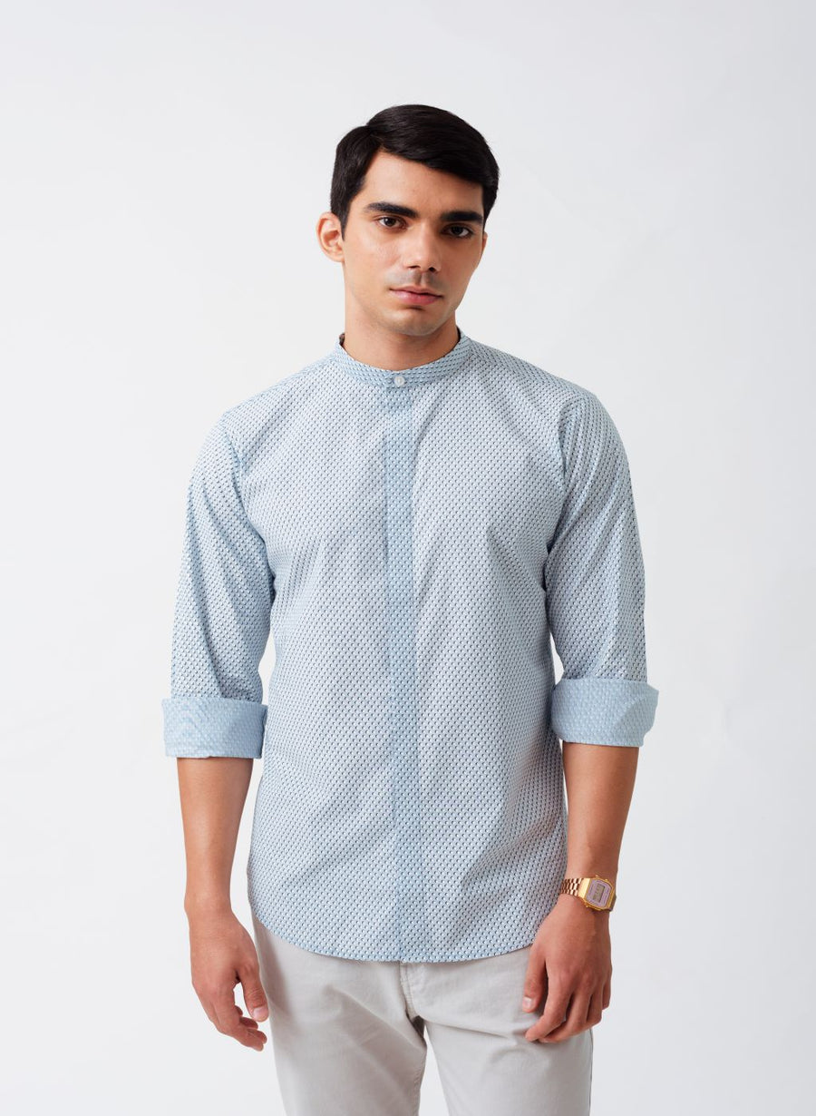 Sky Blue Polka Cotton Full Sleeves Shirt