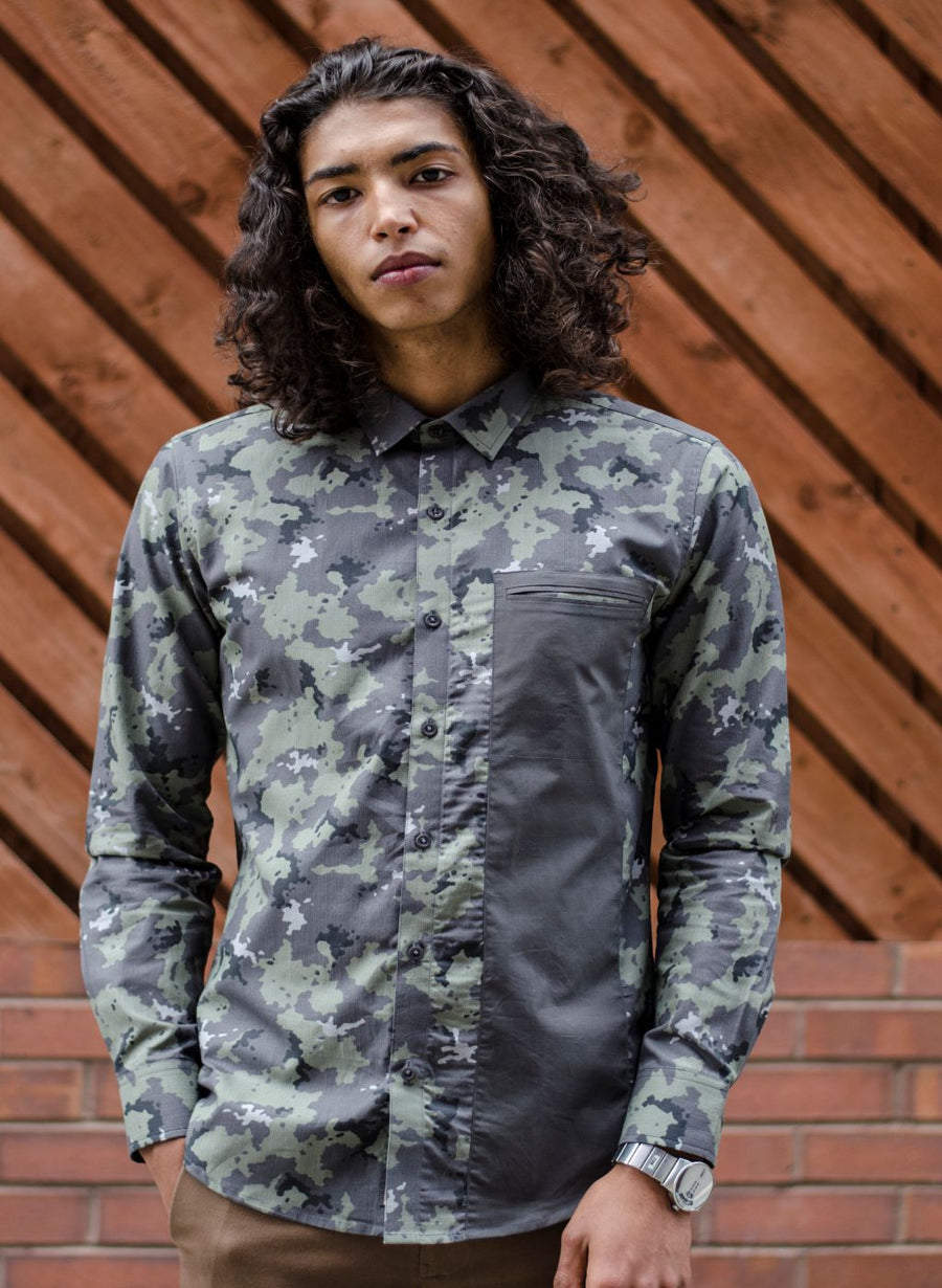 Camo Color Block Cutaway Collar Shirt